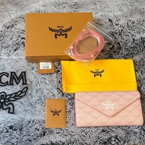 MCM Pink Wallet with Gold Accents & Strap Full Inclusion